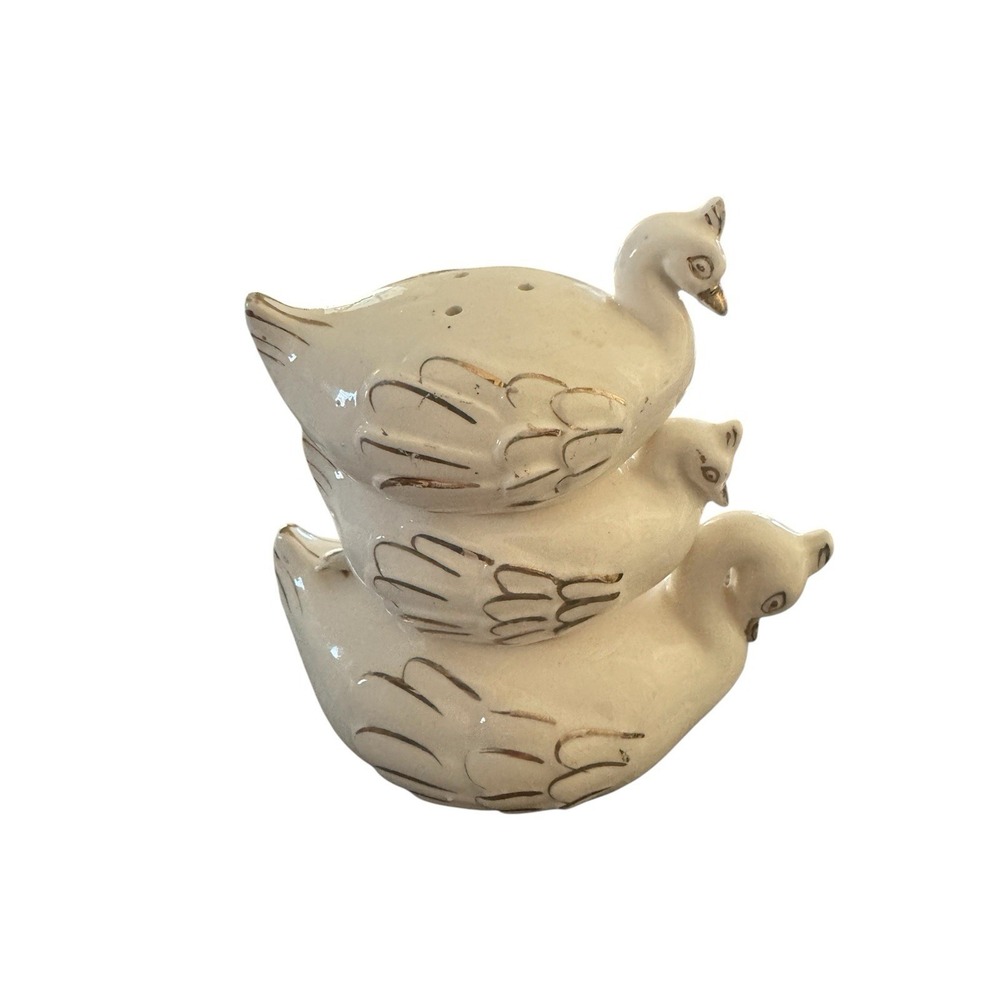 Vintage Ceramic Swan Stacking Salt Pepper Condiment Pot‎ With Spoon